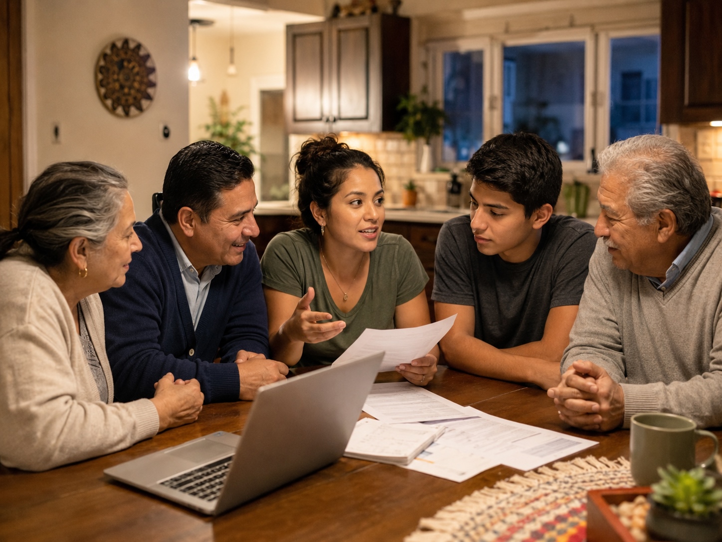Multigenerational Latino family having an open financial conversation around the kitchen table