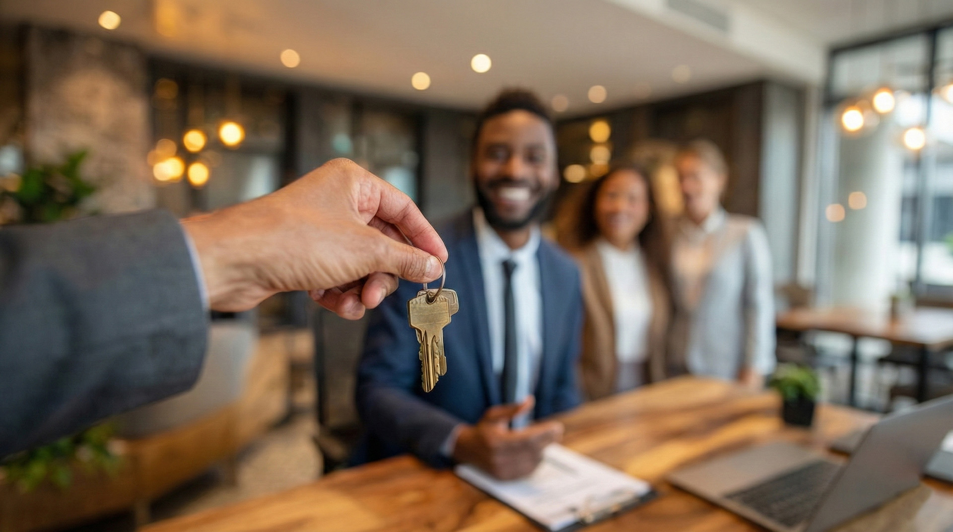 Property manager handing over keys to new apartment