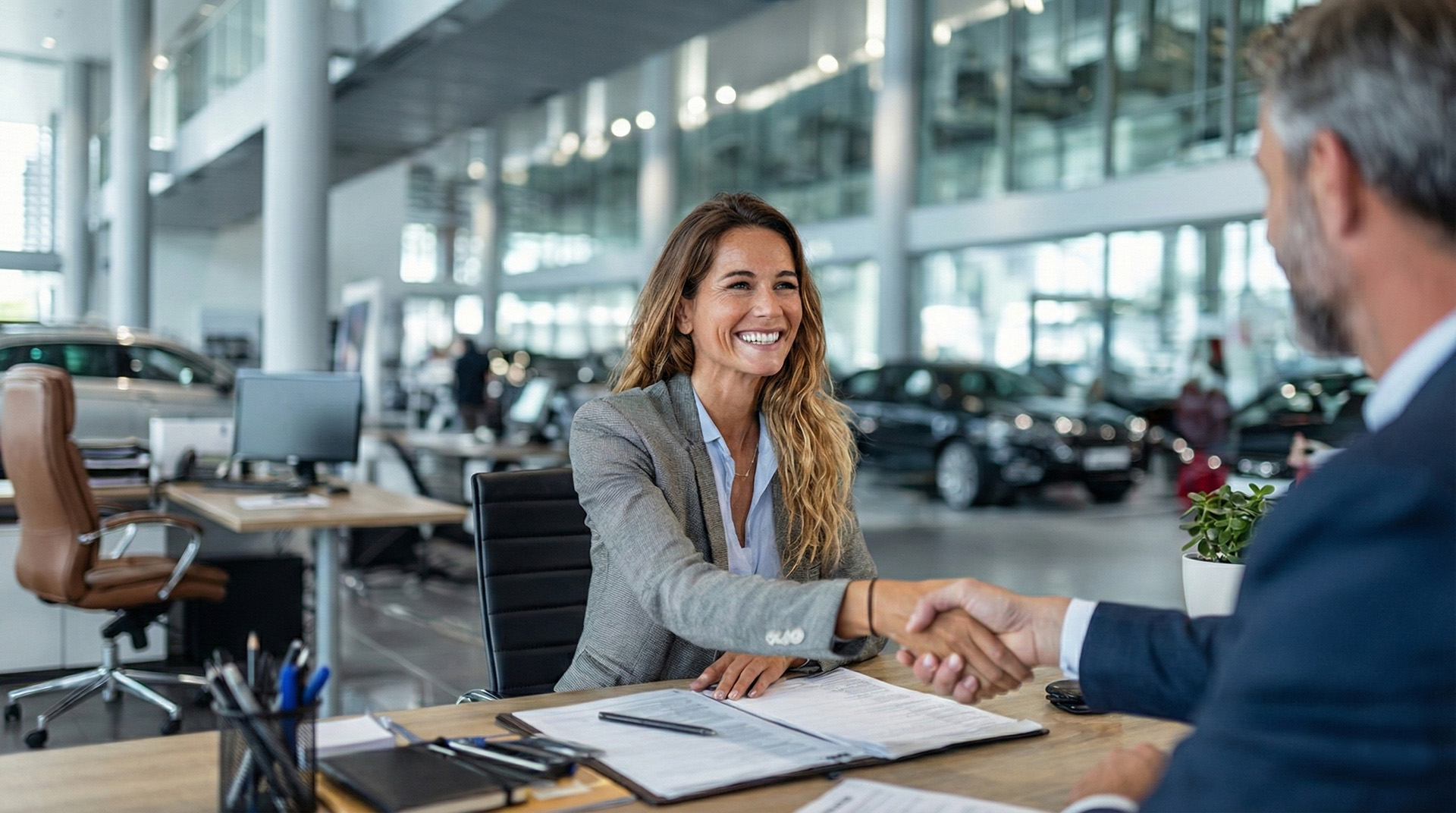 Woman shaking hands at car dealership after loan approval