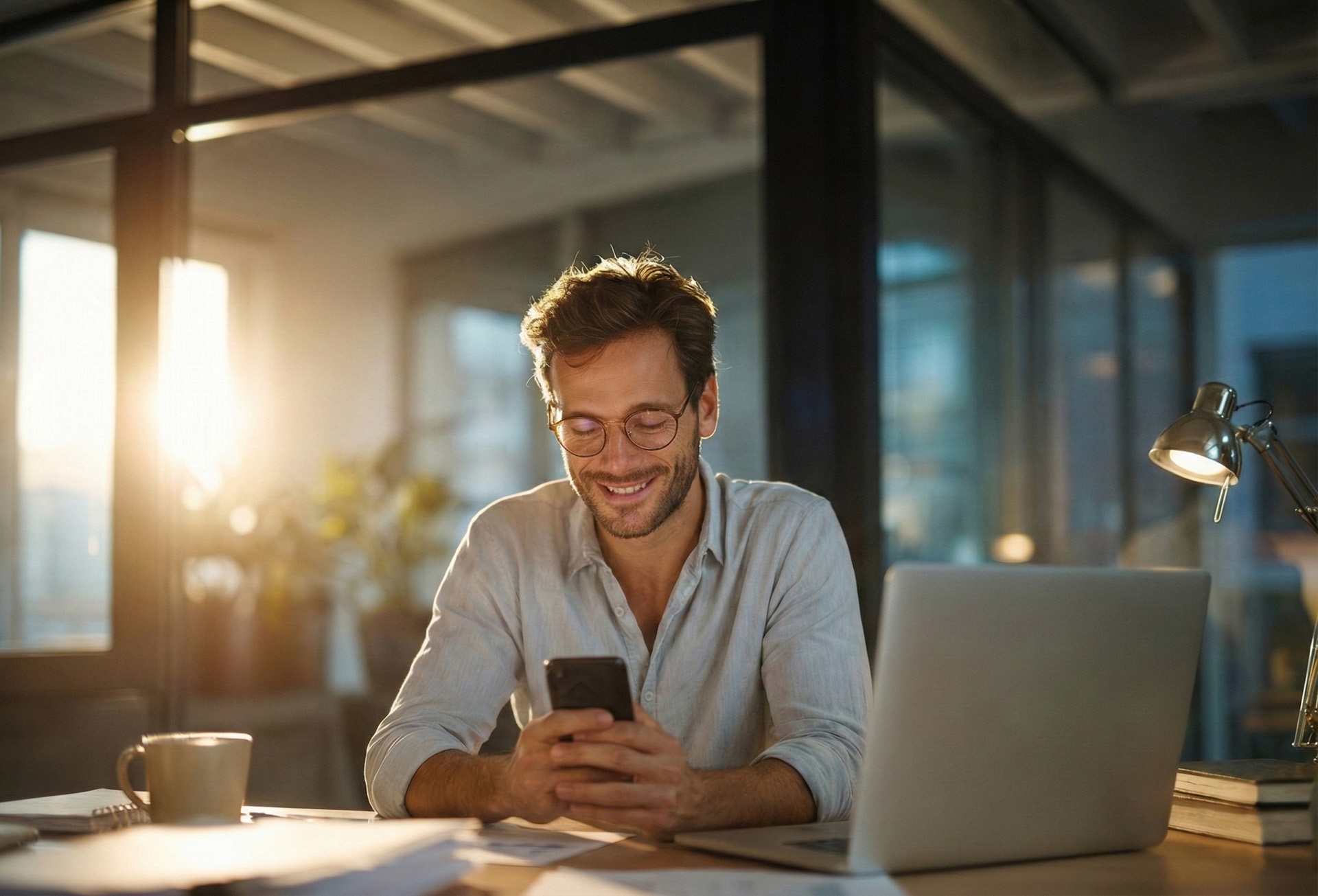 Man smiling at improved credit score on phone