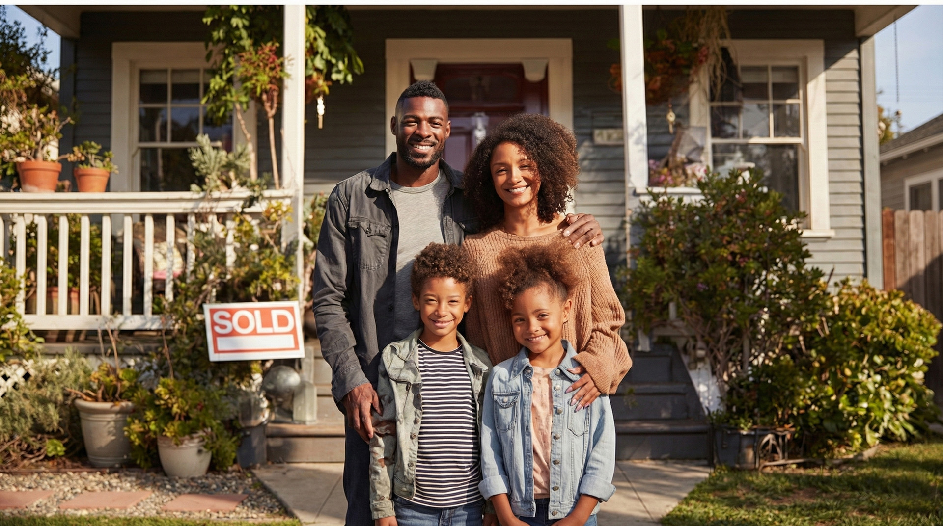 Happy family in front of their new home with SOLD sign