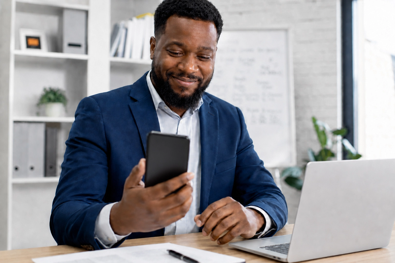 Business owner receiving a real-time credit score alert on a smartphone through Experian Smart Business monitoring
