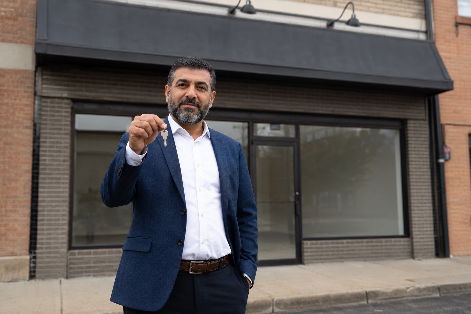 Business owner with keys in front of a commercial property
