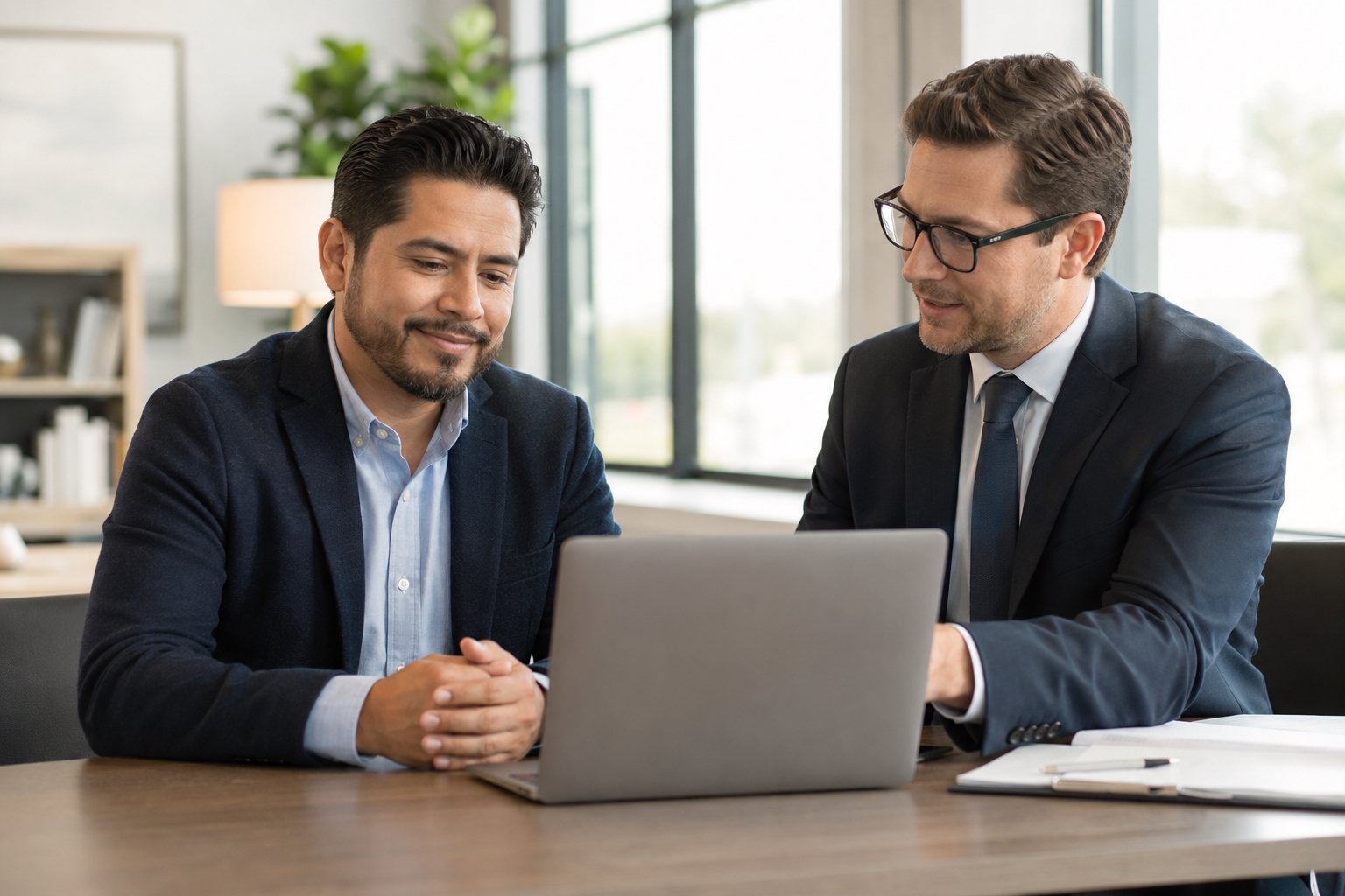 Client and advisor reviewing premium financial upgrade options together on a laptop