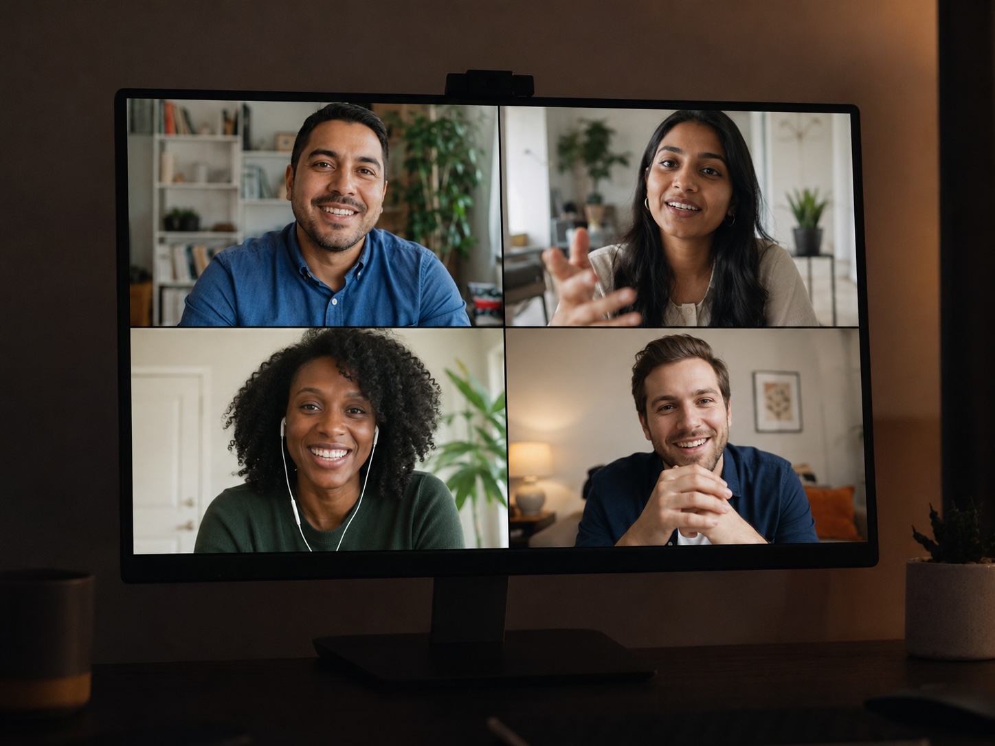 Diverse group on a video call in an online financial community coaching session