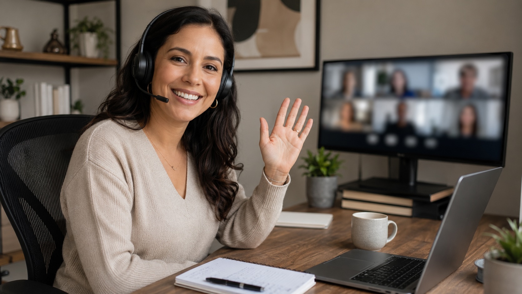 Financial advisor leading a weekly online coaching call from a home office with Mesa Group Consulting