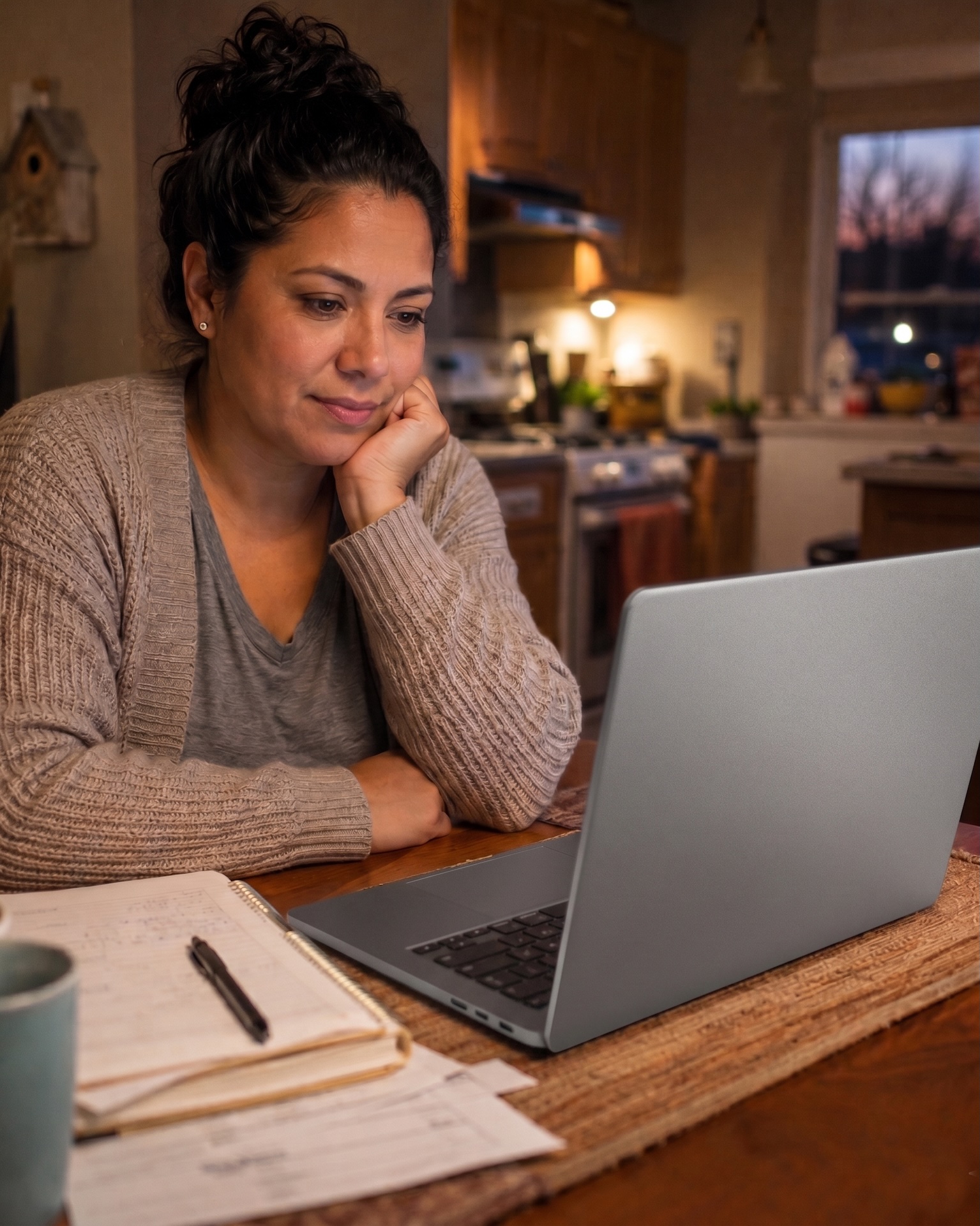 Hispanic mother reviewing personal finances on a laptop at her kitchen table with warm evening light