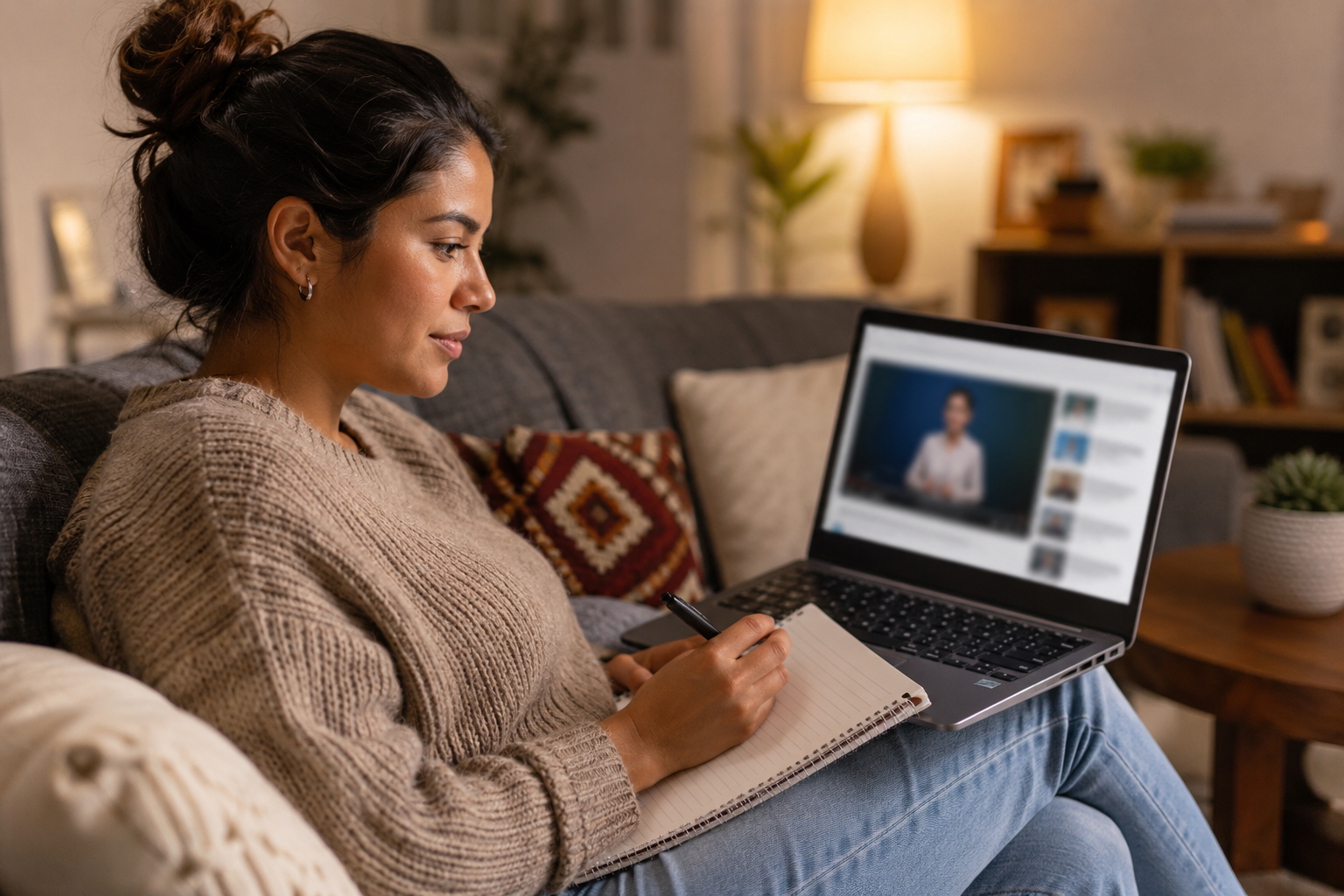 Latina woman watching a financial education course on a laptop at home with Mesa Financial Concierge