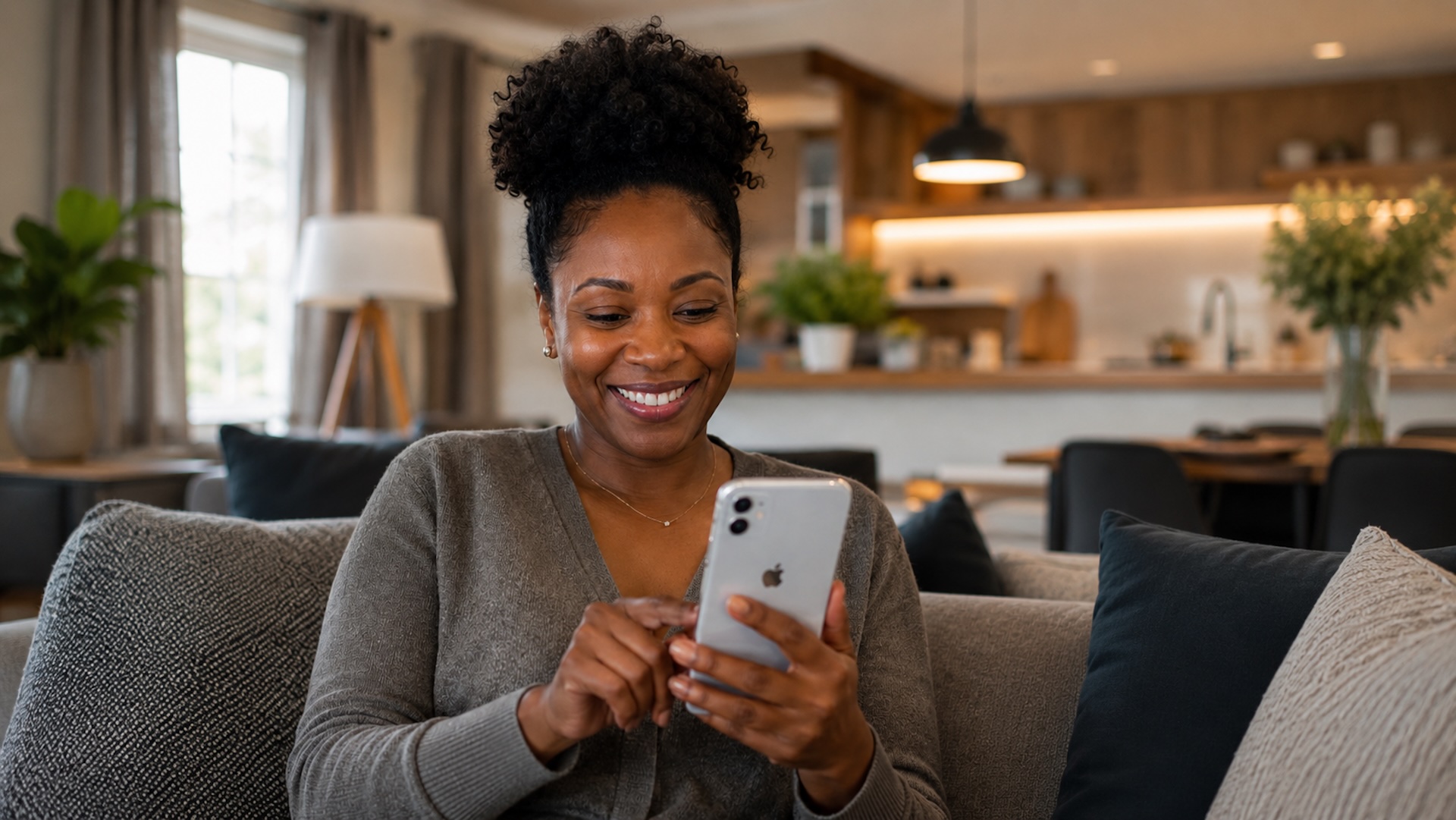 Person activating credit monitoring on a smartphone at home as the first step toward Mesa Financial Concierge