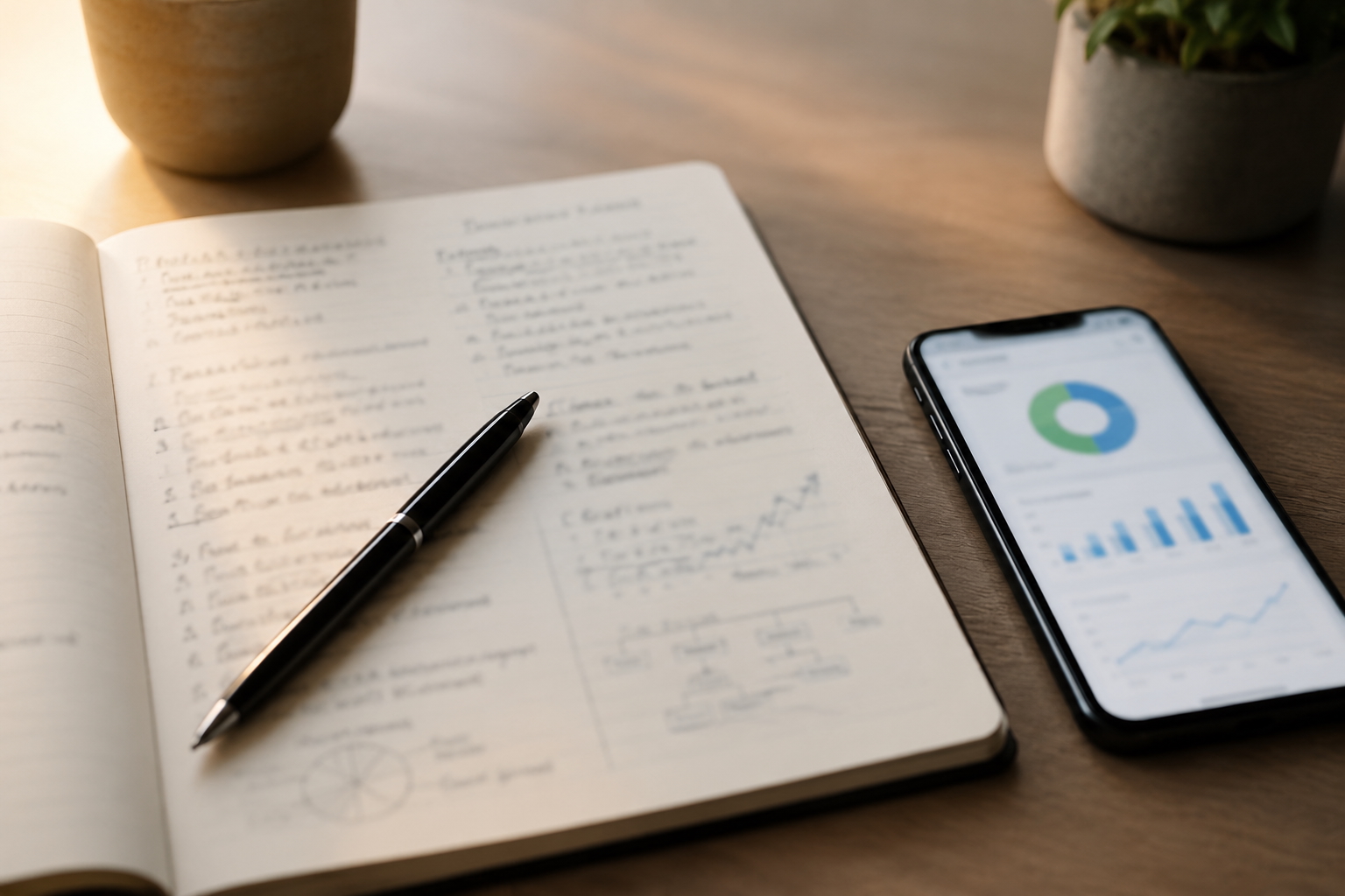 Personalized financial action plan with a notebook and phone on a clean desk