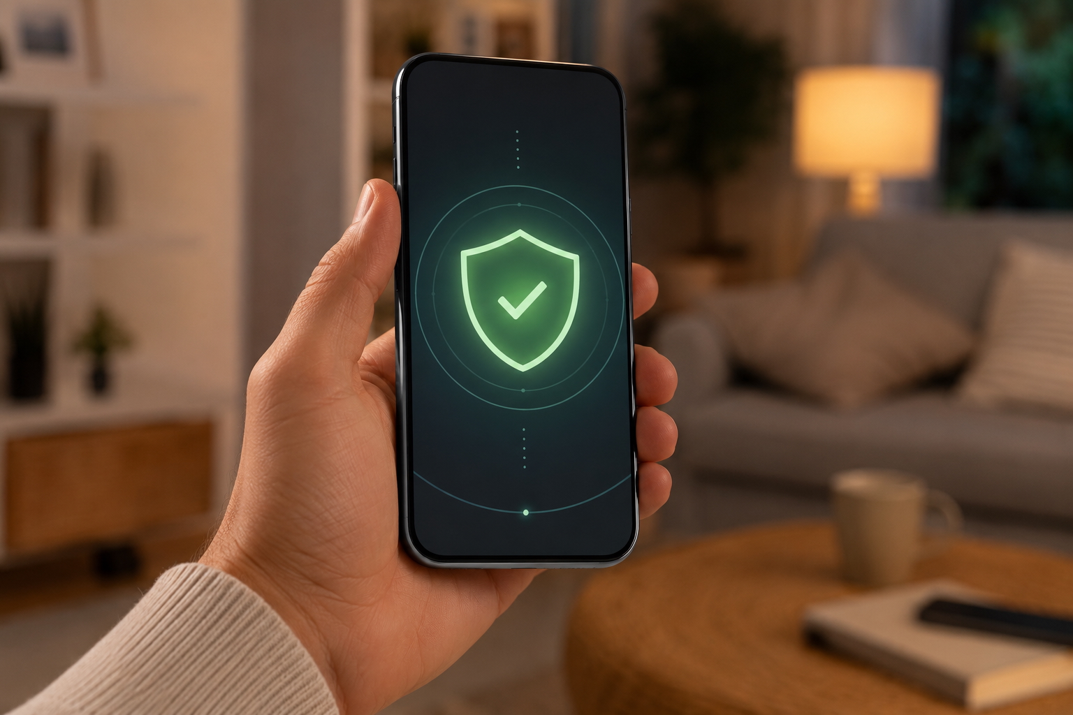 Smartphone displaying identity protection with a green shield checkmark at home, included with Mesa Financial Concierge