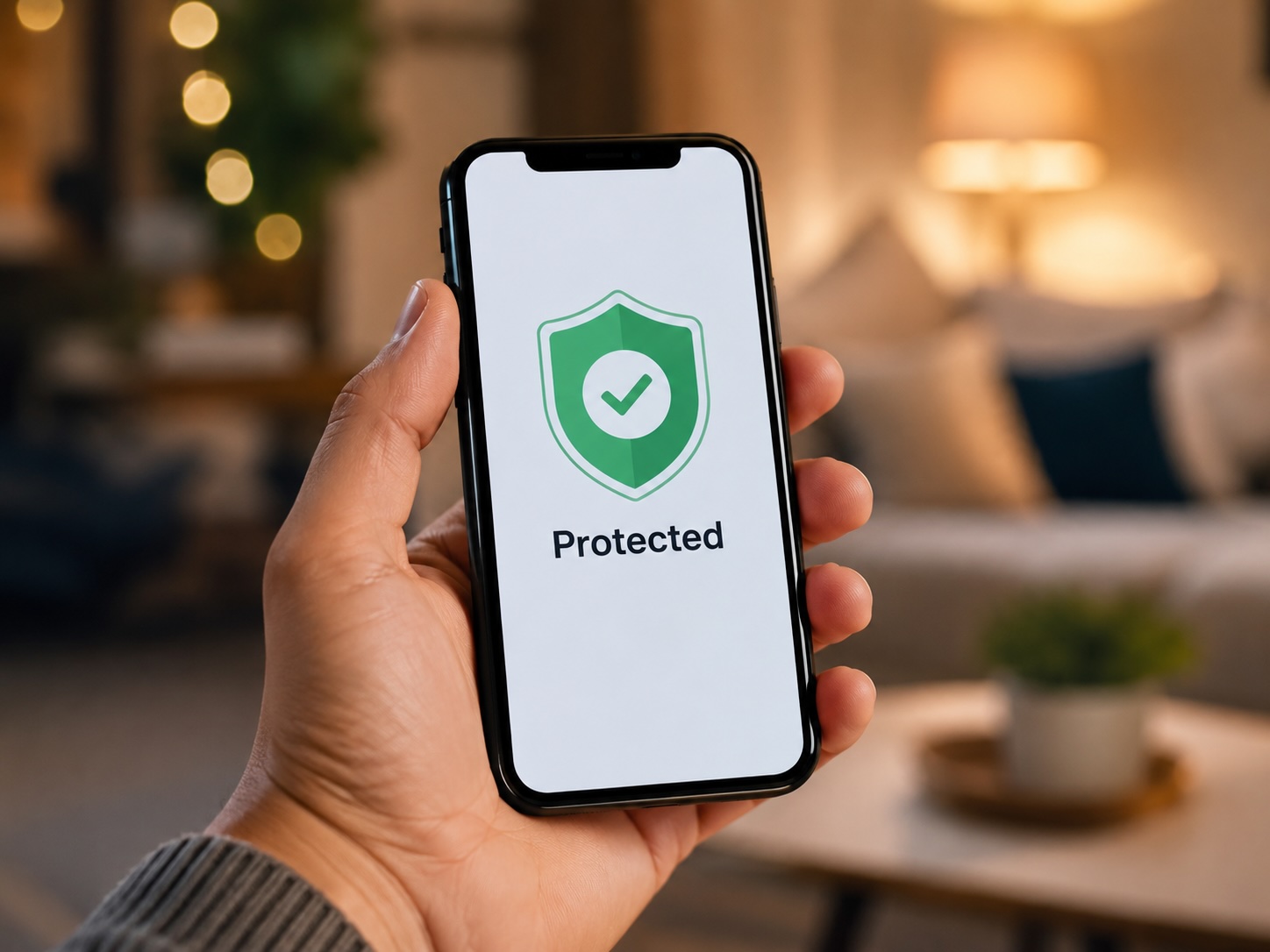 Smartphone displaying identity theft protection with a security shield on screen
