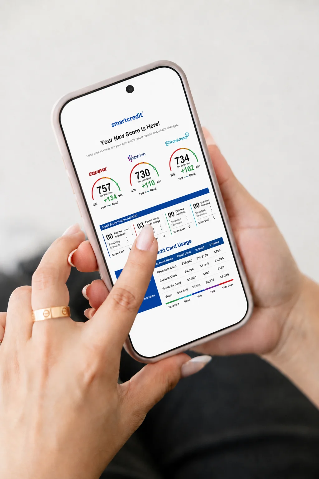 Person checking credit score progress on a smartphone — the expertise of Mesa Group Consulting in your hands with Creditily