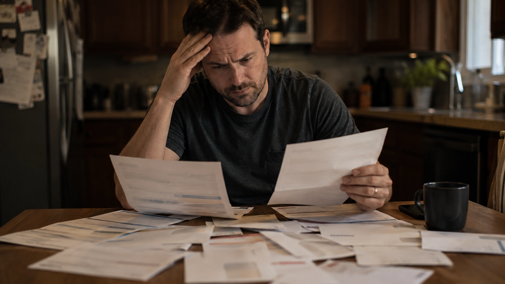 Person overwhelmed juggling five different debt payments — the cycle that Mesa360 Credit System is designed to break