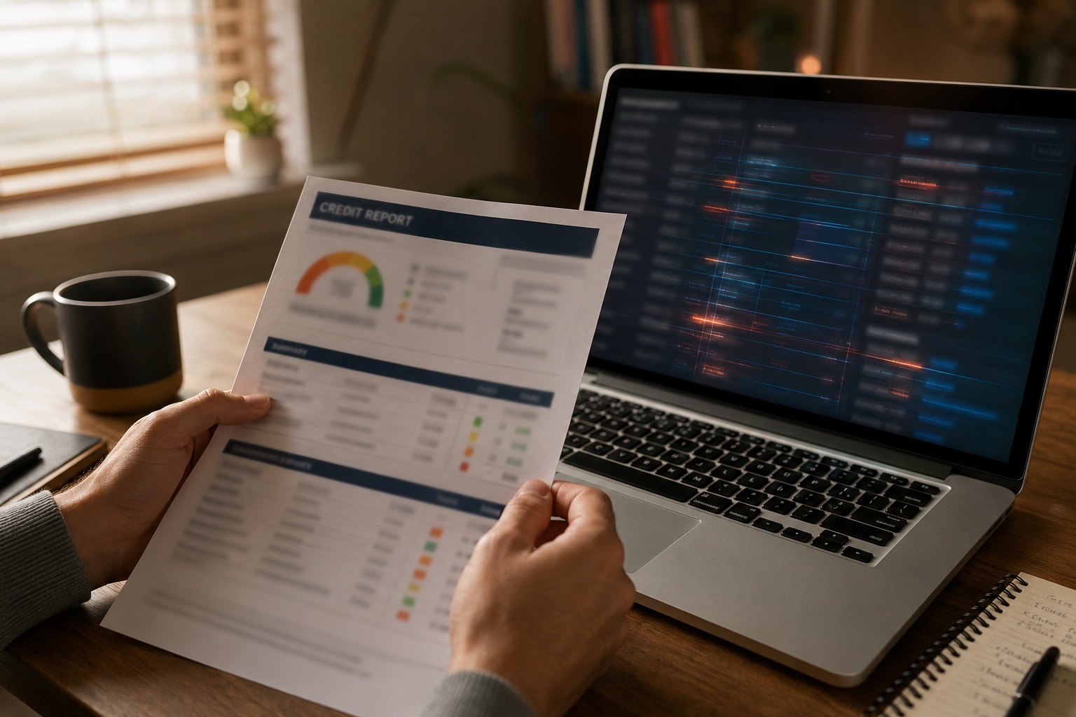 Hands holding a credit report beside a laptop showing deep data analysis — AI scanning for disputable errors