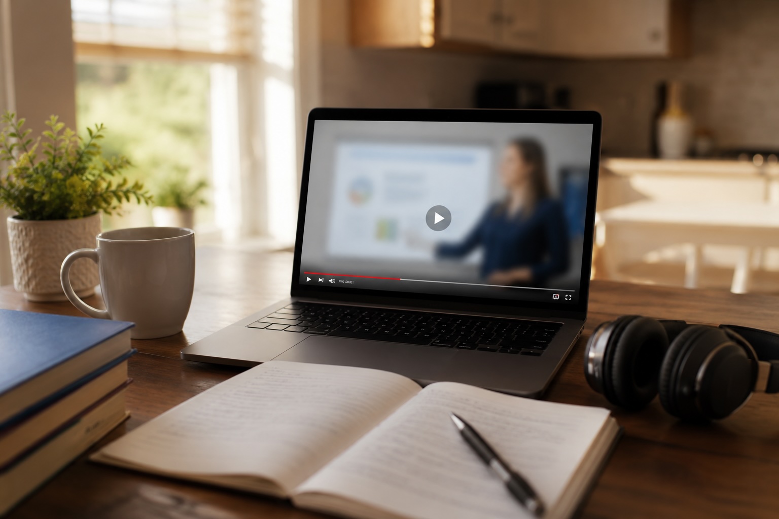 Laptop playing a credit education video with notebook and headphones — learning built into the platform