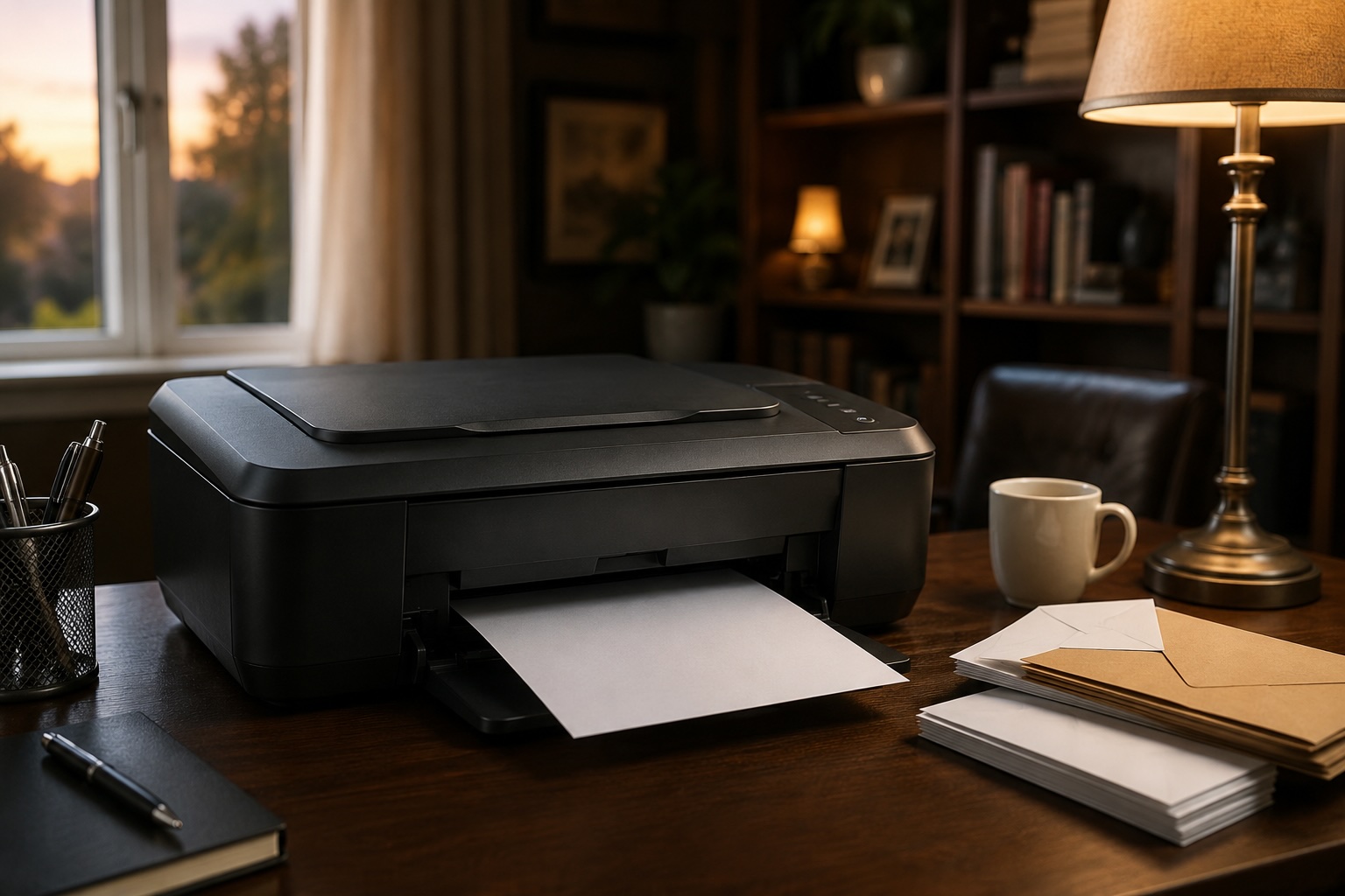Home printer with a dispute letter and envelopes ready to mail — professional letters ready to sign and send