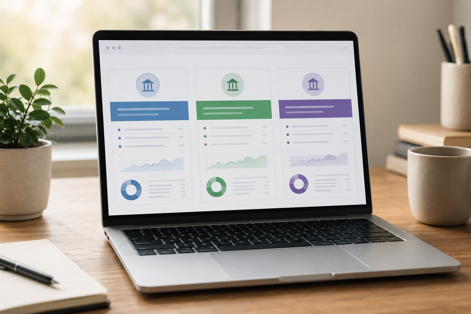 Laptop showing a three-column credit dashboard for all three bureaus in one view