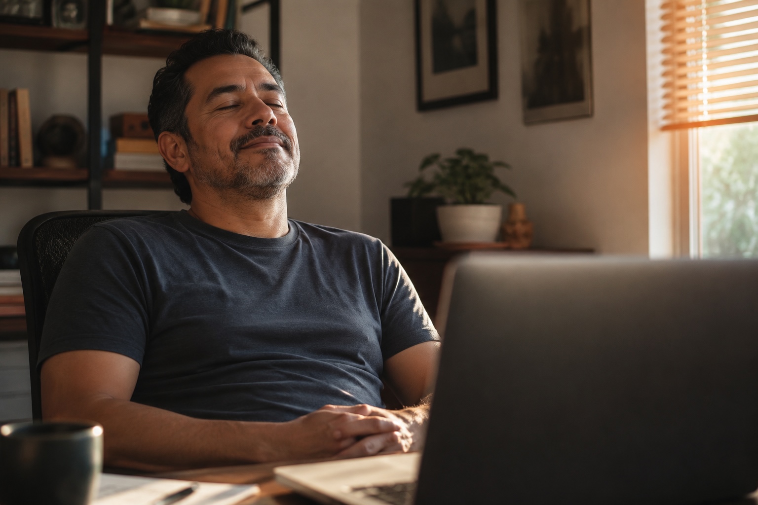 Man leaning back from his desk exhaling with relief after credit approval — emotional resolution from credit restoration progress