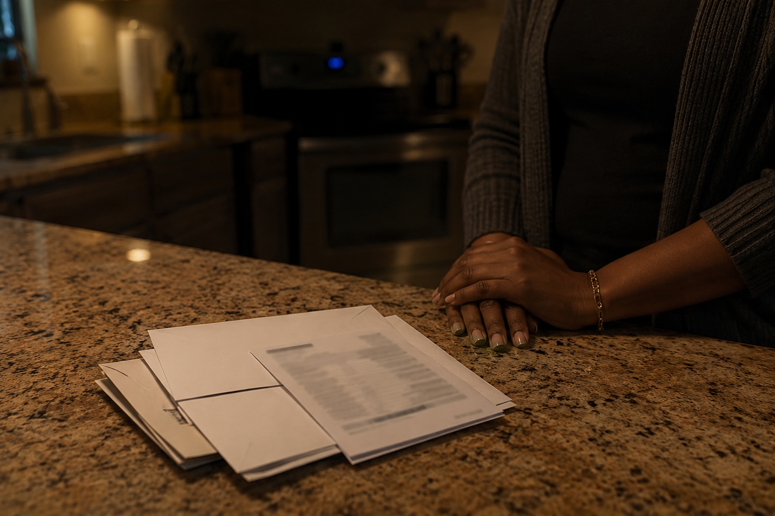 Person staring at a stack of unopened mail on the kitchen counter — the stress of unresolved credit problems