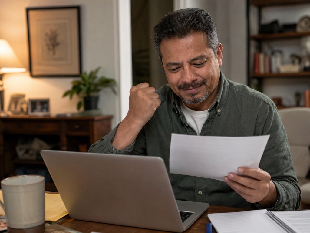 Man at his home desk with laptop experiencing financial relief after good news