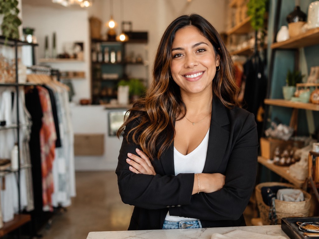 Confident Latina small business owner standing at her shop counter