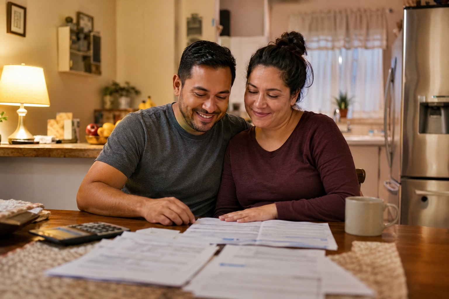 Family at home reviewing household bills with calm focus — mortgage and debt protected