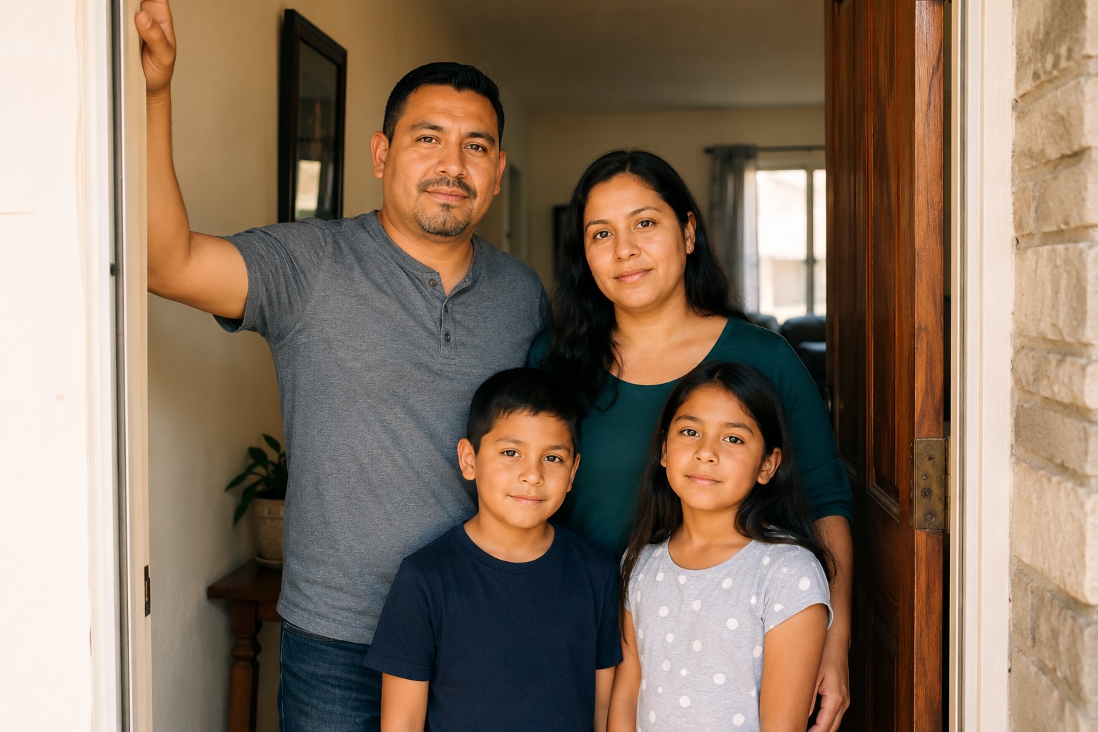 Family opening the front door of their home — staying, protected, not leaving what they built