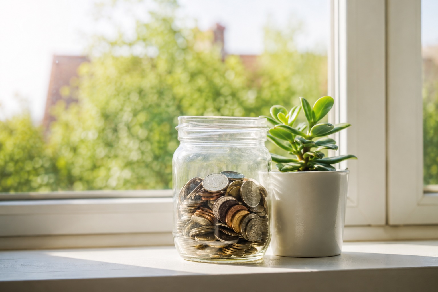 Glass jar with coins and a small plant on a windowsill — cash value growing over time