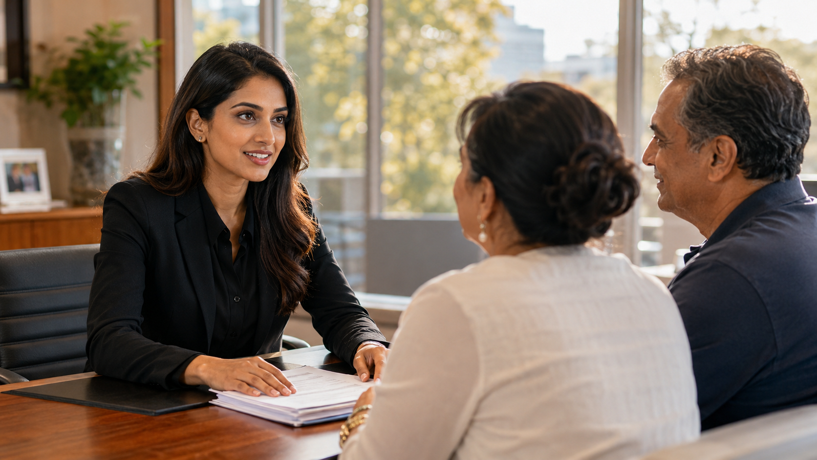 Mesa Group advisor reassuring a middle-aged couple in a professional office setting