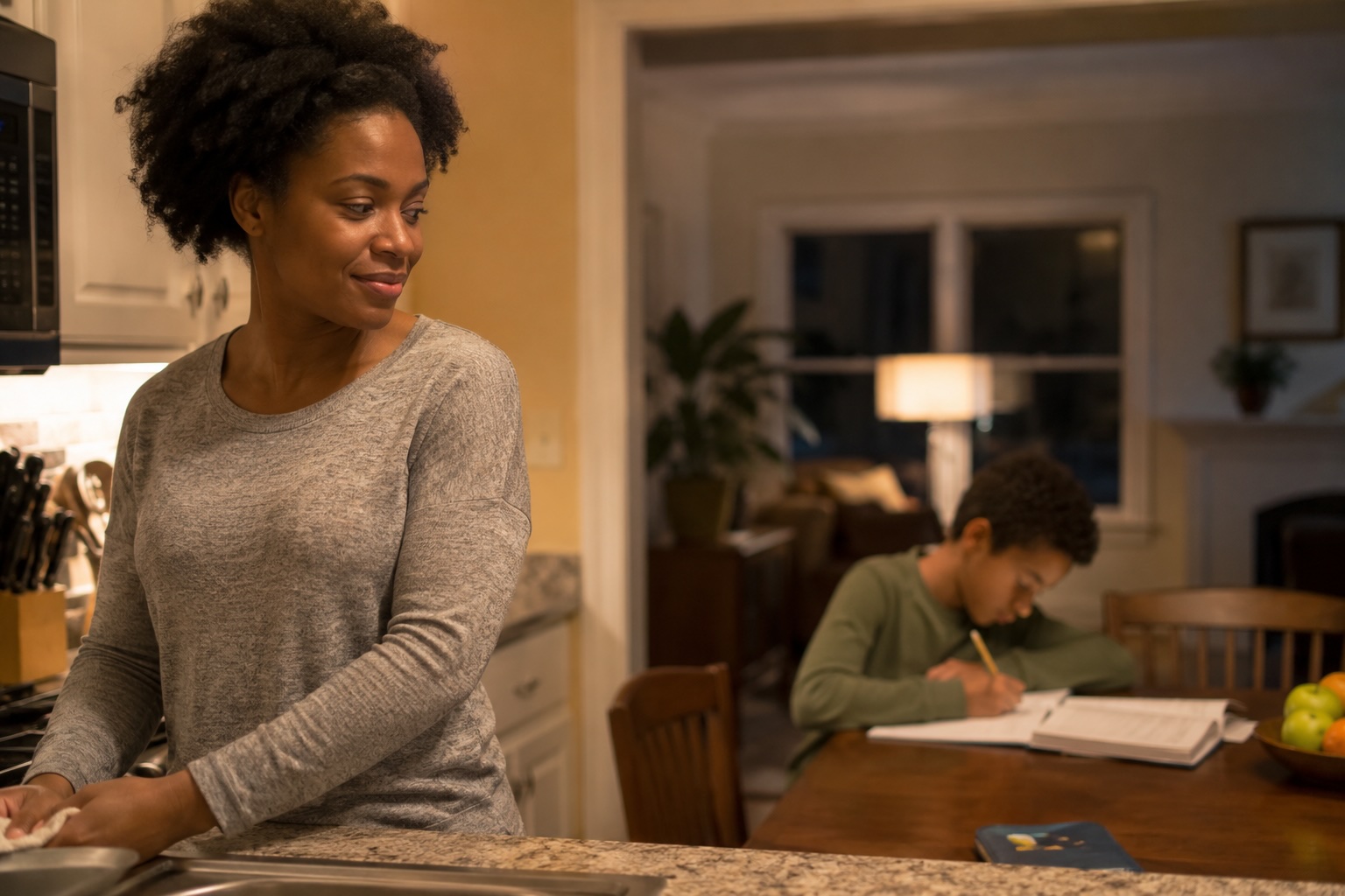 Parent watching a child do homework at the kitchen table on an ordinary evening — protecting family income