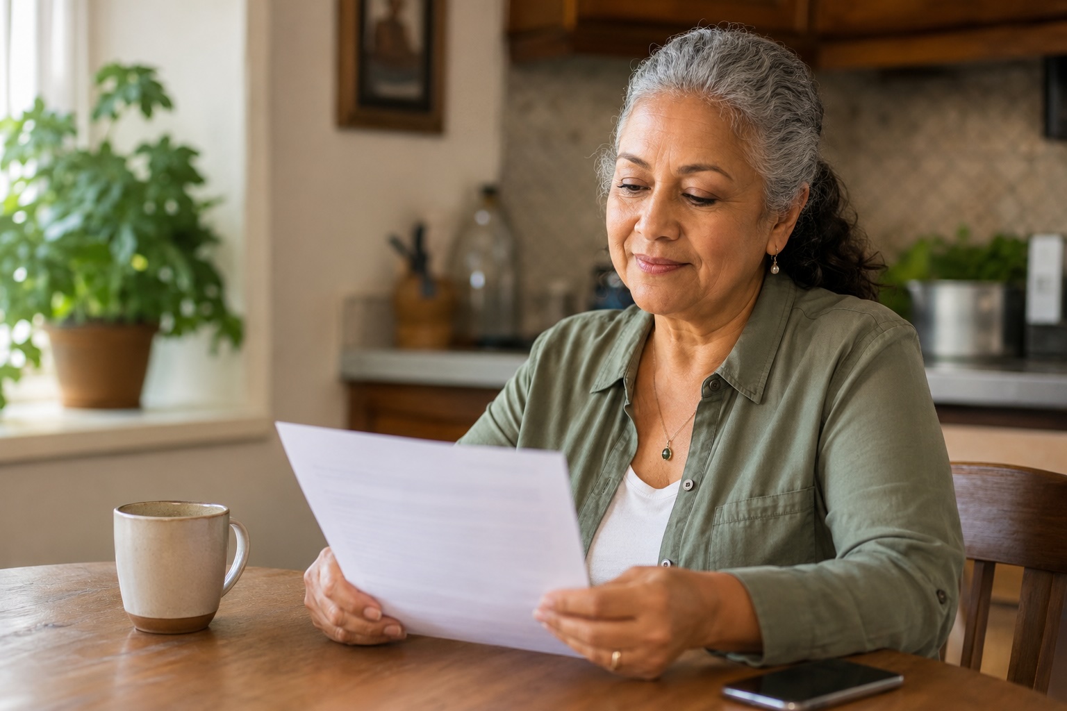 Woman at home reviewing medical paperwork with calm relief — accessing living benefits while still alive