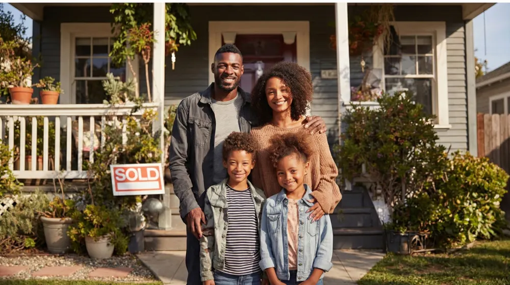 Happy family in front of their new home with a SOLD sign