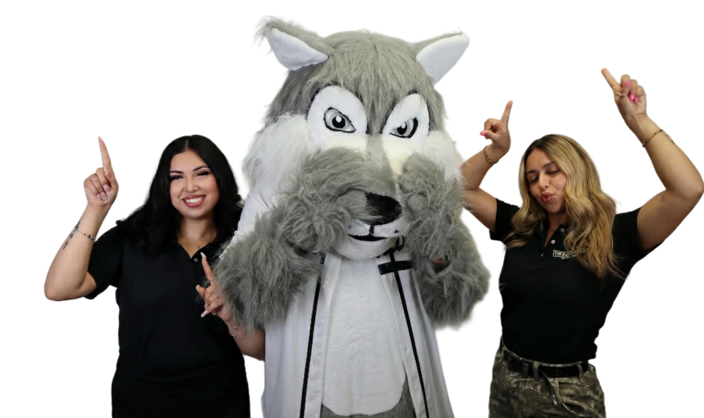 Wolfie and the Mesa Group Consulting team pointing at your credit restoration options
