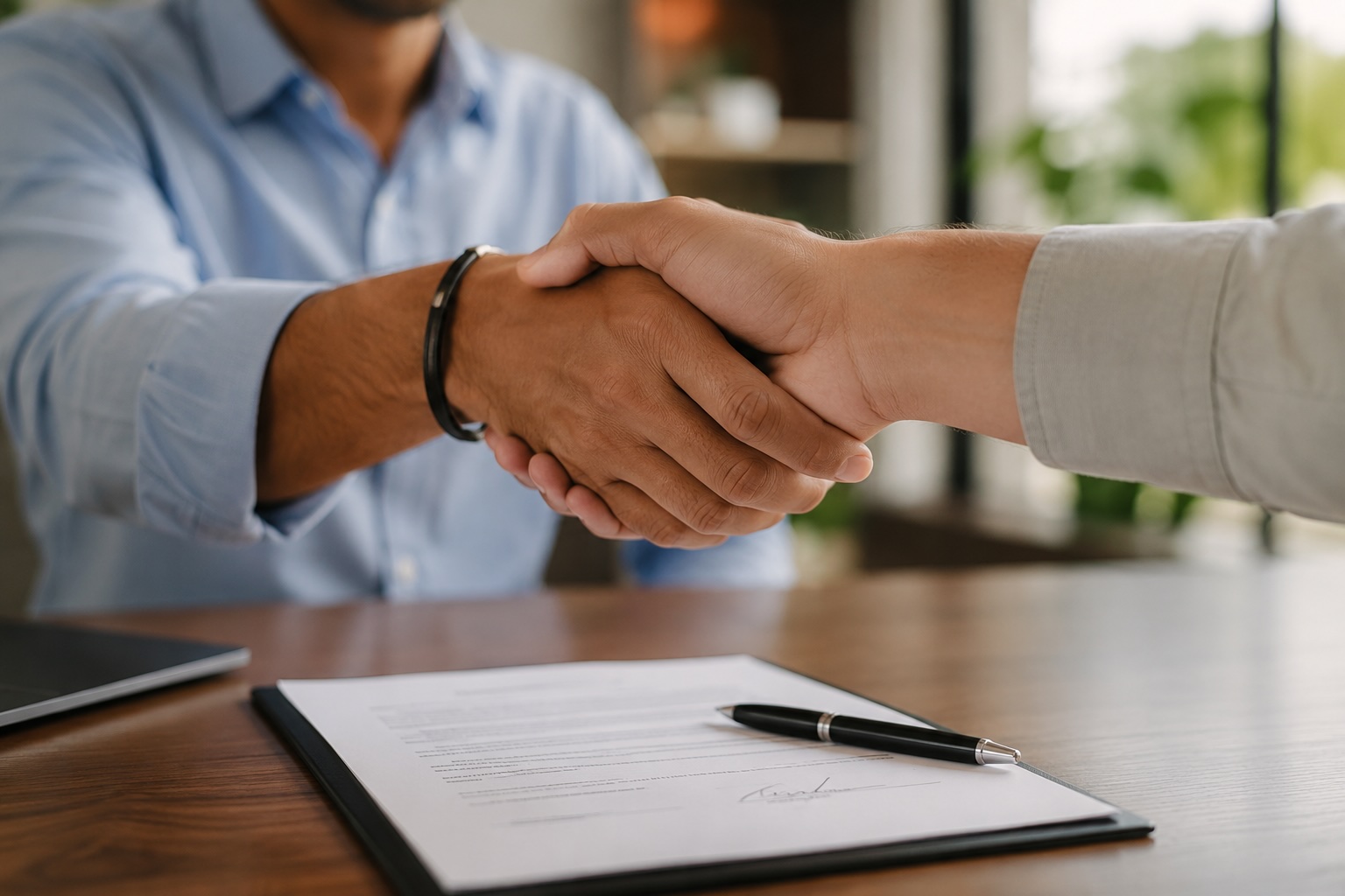 Business owner closing a funding deal with an advisor, building business credit while growing with Mesa Group