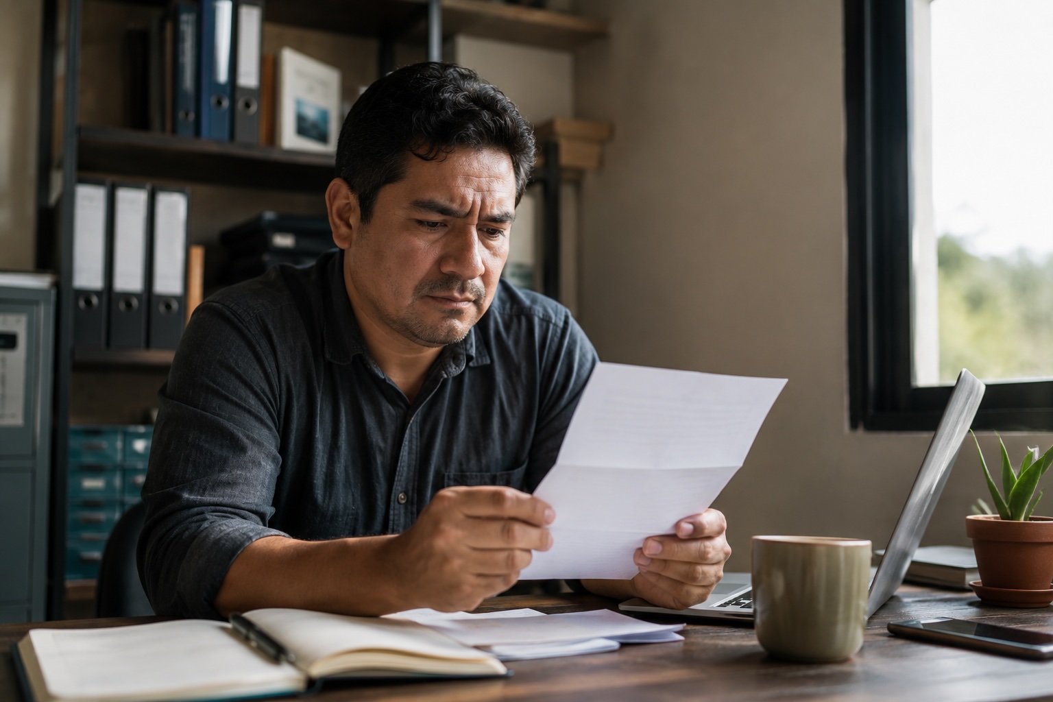 Latino small business owner reviewing a loan rejection letter at his desk, looking for better funding options